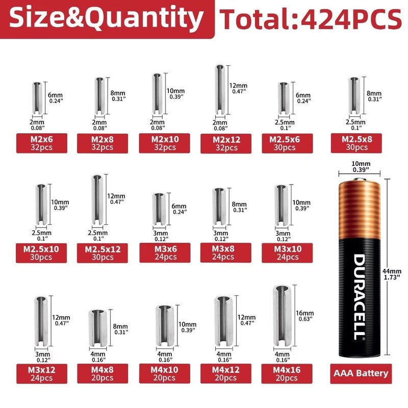 AIMUNOK 424-Piece Stainless Steel Roll Pin Kit – Spring Dowels, Slotted & Split Pins (M1.5-M6, 14 Types) – Corrosion-Resistant Fasteners for Machinery, Automotive & DIY Repairs - Image 2